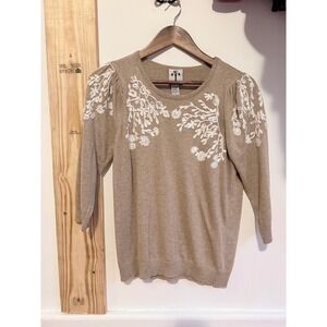 Rain + Rose Embroidered Sweater Womens Medium Taupe Floral Knit 3/4 Sleeve